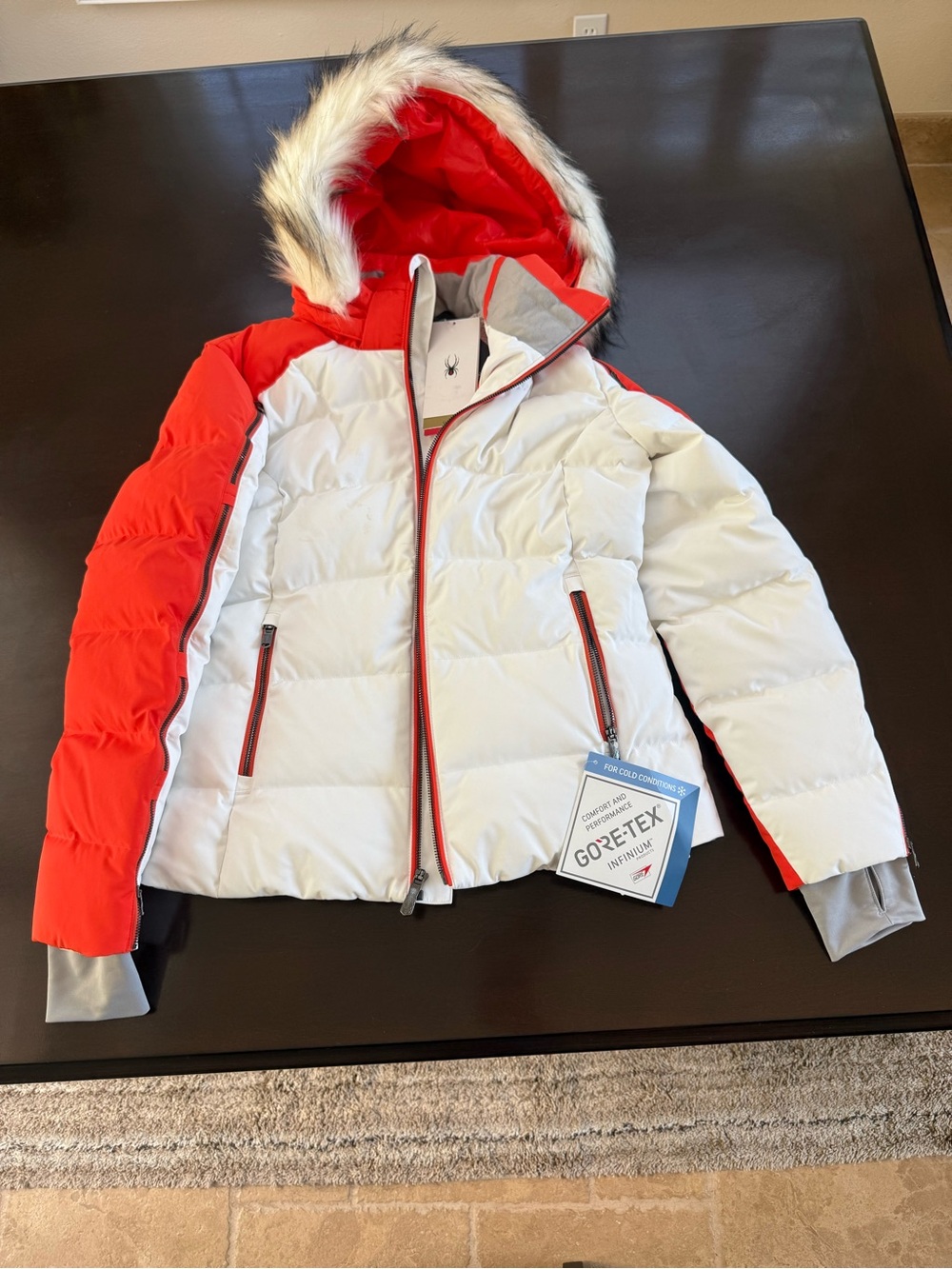 Spyder GORE-TEX Women’s Red and White Insulated Ski Jacket with Faux-Fur Hood